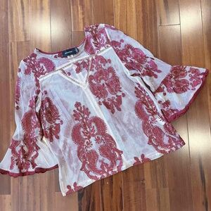 MinkPink Sheer Embroidered Ruffle Mesh Fabric Top Long‎ 3/4 Sleeve Boho Sz Small